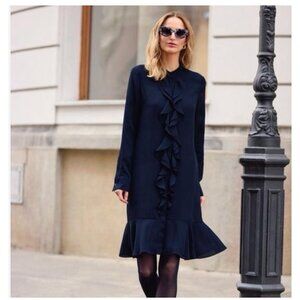 Tory Burch Womens Jane Shirt Dress Size 4 Navy Blue Crepe de chine ruffle NWT